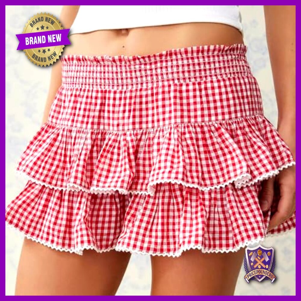 Gingham Mini Skirt Elastic Waist Ruffle Layered Plaid Y2K Retro Chic - Picture 4 of 5